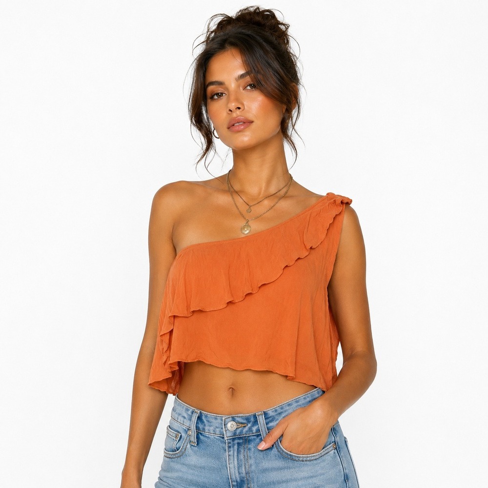 Silence + Noise One Shoulder Ruffle Crop Top Orange Rayon Boho Womens Small